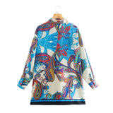 Women Fall Fall Satin Textured Loose Shirt Printed Mid-Length Top