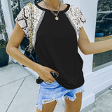 Women's Fall Outfits Color Contrast Patchwork Lace Short-Sleeved T-shirt