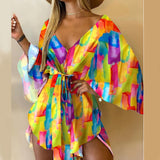 Nina Parker Graffiti Dress Sexy Batwing Sleeve Lace-up Dress