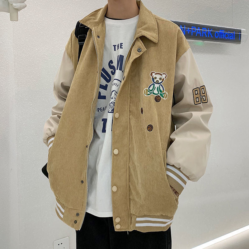 Corduroy Varsity Jacket Corduroy Bear Embroidery Couple Jacket Men's Spring and Autumn Loose Baseball Uniform