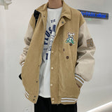 Corduroy Varsity Jacket Corduroy Bear Embroidery Couple Jacket Men's Spring and Autumn Loose Baseball Uniform