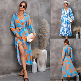 Nina Parker Graffiti Dress Long Sleeve Pleated Waist Tight Long Dress