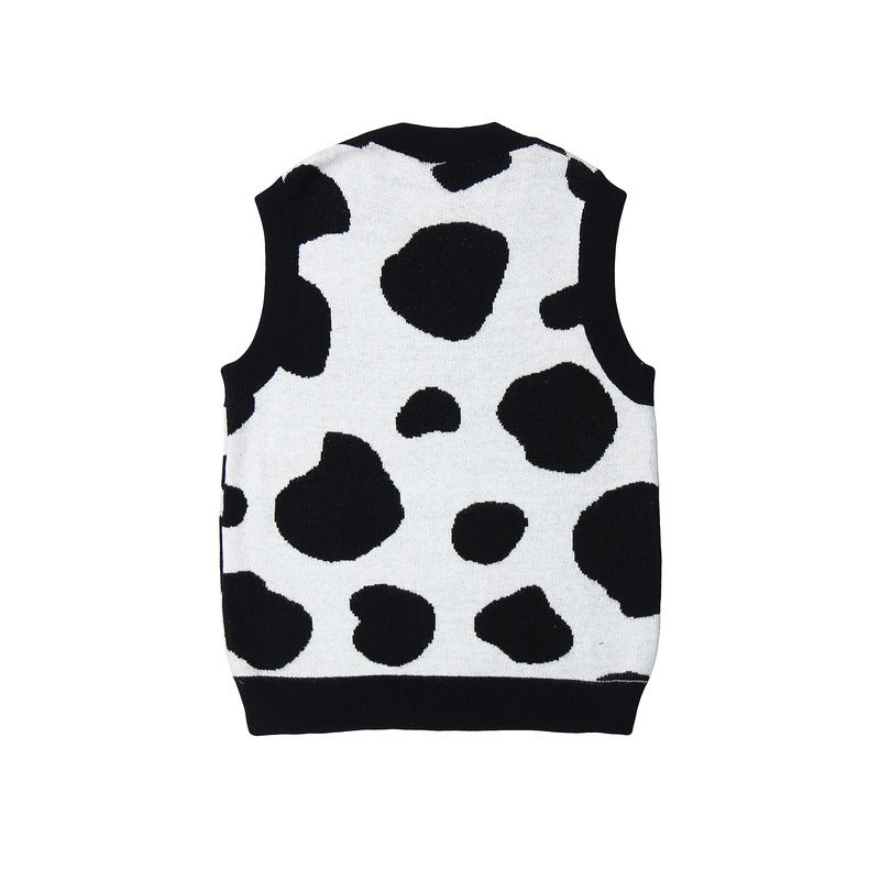 Mens Fall Outfits Vintage Cows Pattern Knitted Vest Man Loose Couple Pullover Sleeveless Sweater