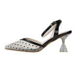 Nude Block Heels Closed Toe Rhinestone Sandals Stiletto Women's Shoes