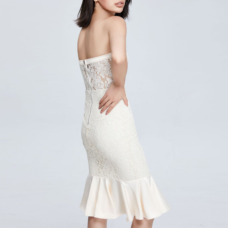 Women Spring Dress Waist-Tight Slim Fit Tube Top Lotus Leaf Hem Dress