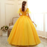 Women's Evening Dress Ball Gown Princess Quinceanera Wedding Dresses Golden Evening Dress Banquet Long Performance Dress Pettiskirt