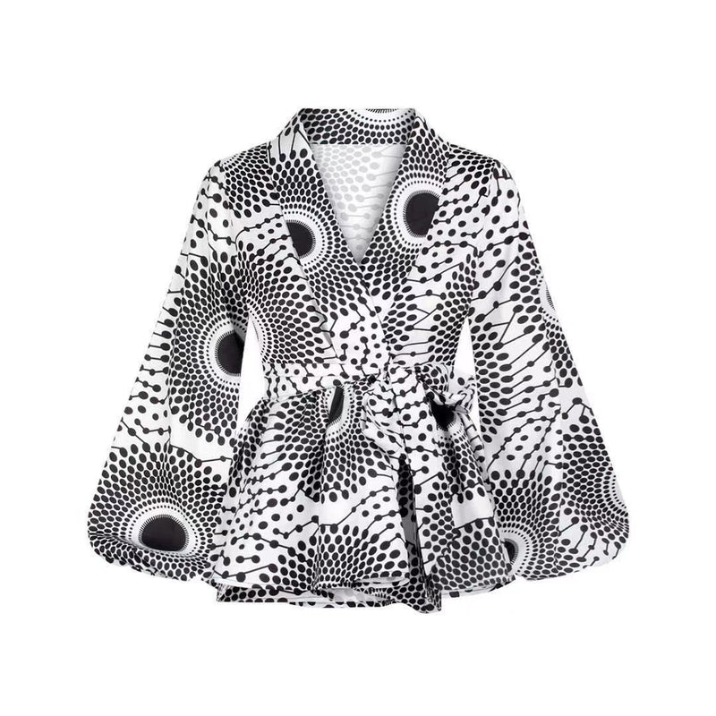90S Fashion African Style Digital Printing Cardigan Bandage Women Lantern Sleeve V-neck Coat