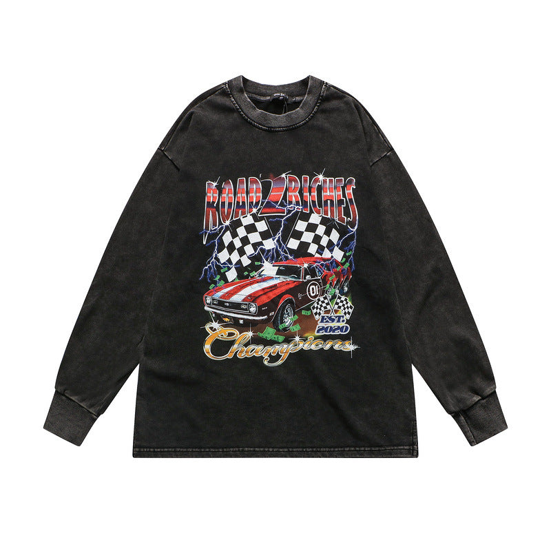 Mens Fall Outfits Retro Dark Printed Long Sleeve High Street Washed Loose Head Sweater for Men