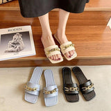 Women Open Toe Sandals Flats Summer Metal Chain Square Toe Flat Women's Shoes