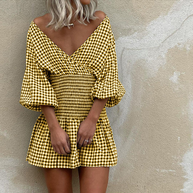 Gingham Dress Summer Casual off-Shoulder Women's High Waist Plaid V-neck Dress