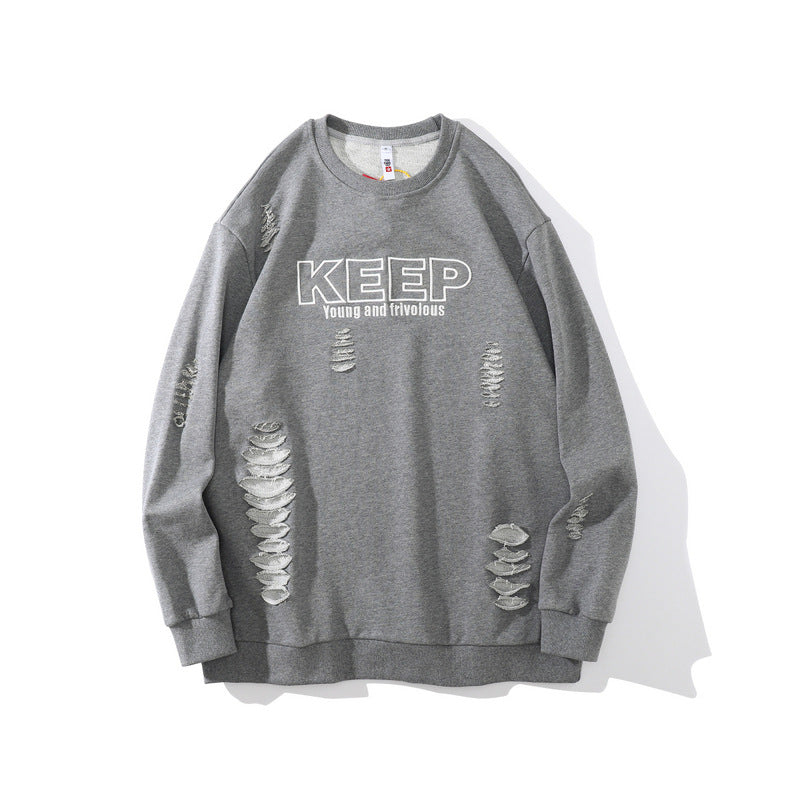 Mens Fall Outfits Autumn and Winter Men's Sweater Personal Leisure Loose Hanging Shoulder Ripped Sports Top
