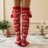 Winter Chunky Cable Thick Knit Thigh High Socks Long Stockings Boot Christmas Stockings Elk with Ball Knit Loose Stockings