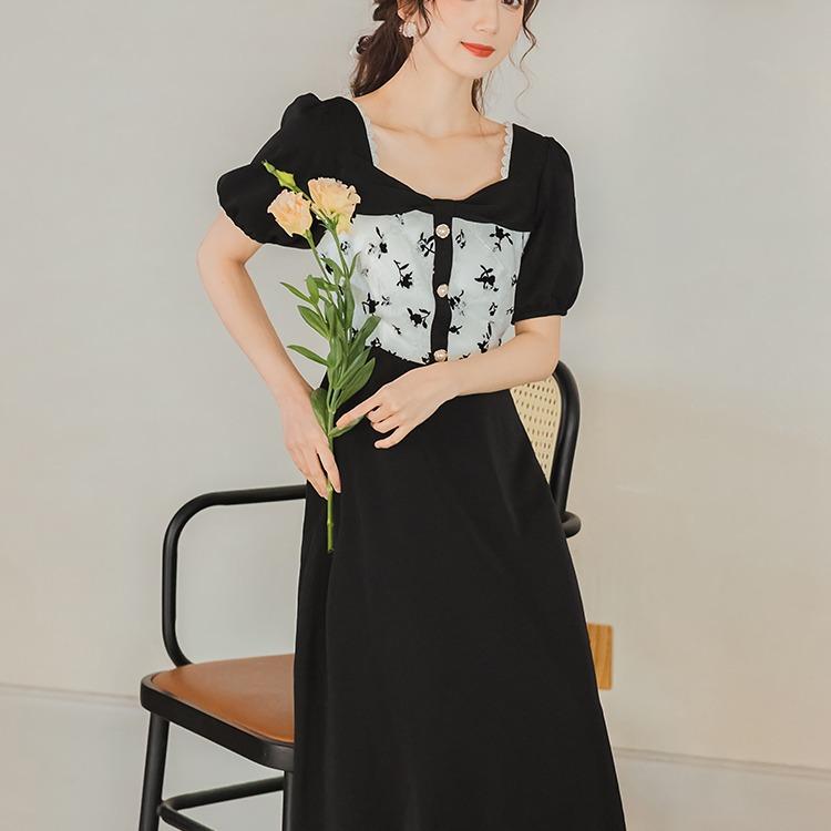 Women Retro Cottagecore Vintage Dress Early Spring Retro Black Summer Short Sleeve Square Collar Corset Slimming Chiffon Dress