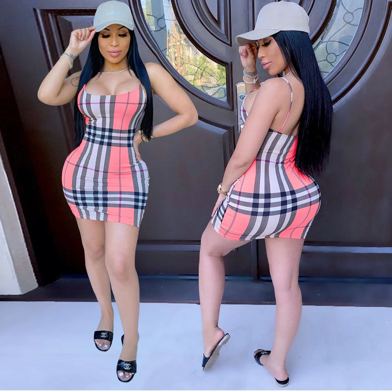 Women Plaid Dress Women Checkered Bodycon Sexy Dresses City Style Suspender Plaid Printed Casual Dress