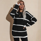 Women Fall Outfits Autumn and Winter round Neck Loose Stripe Pullover Knitted Sweater