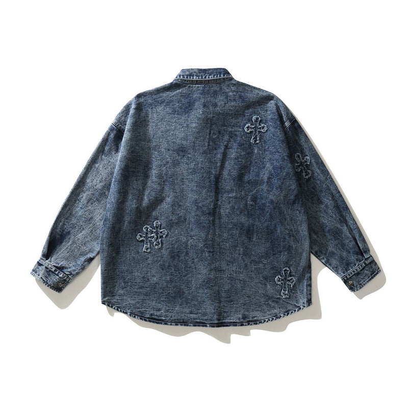 Men Denim Coat Jean Jackets Cross Jacquard Embroidered Denim Shirt Long Sleeve Men Loose Lapels Denim Jacket