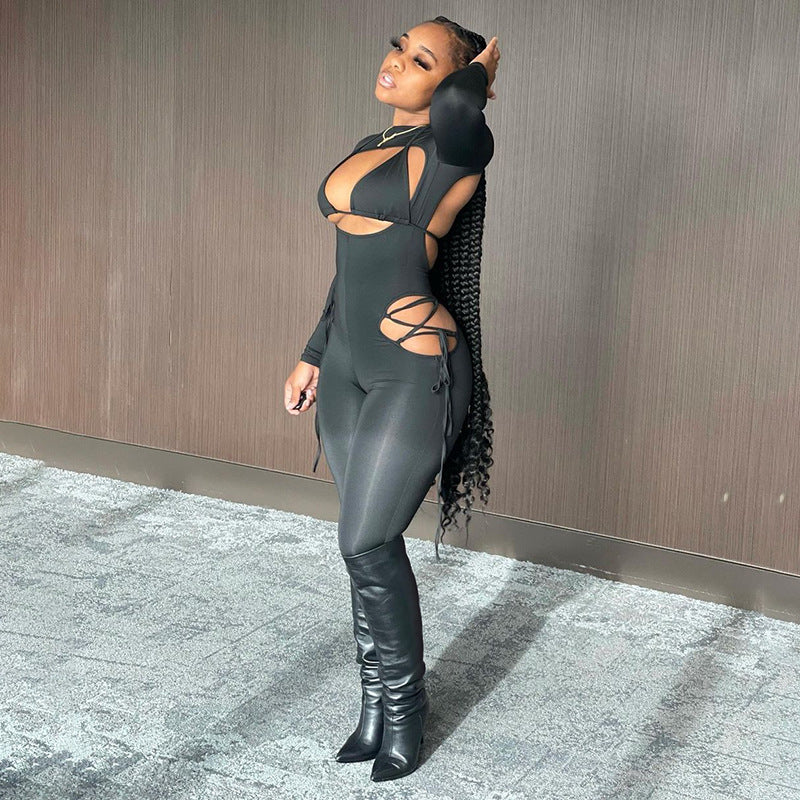 Spring round Neck Backless Long Sleeves Tether Spaghetti Strap Bra One-Piece Casual Trousers