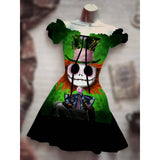 Skull Dress Digital Printing Drawstring Short Sleeve Dress Autumn
