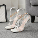 Hot Pink Heels Square Toe Lock Head Chain Crystal Heel High Heel Sandals for Women