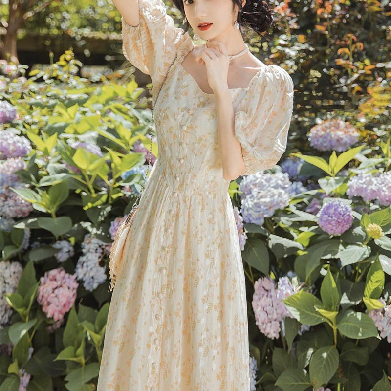 Women Cottagecore Dress Summer Retro Square Collar Gentle Waist Dress Fairy Long Dress