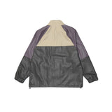 Beige Varsity Jacket Color Contrast Patchwork PU Leather Jacket Men's Color Stitching Stand-Collar Leather Jacket Baggy Coat