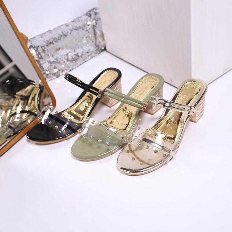 Women Open Toe Sandals Flats Summer Chunky Heel Open Toe Fashion Rivet Transparent Slippers