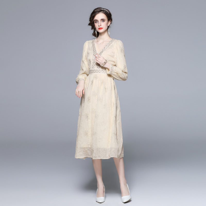 Daisy Buchanan Dress V-neck Long Sleeve Beaded Sequins Dress