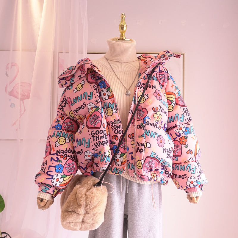 Women Winter Coats Puffer Jacket down Coat Winter Cartoon Childlike Graffiti Hooded down Jacket Coat
