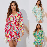 Nina Parker Graffiti Dress Flowers Print Waist-Controlled Long Sleeves Dress Skirt