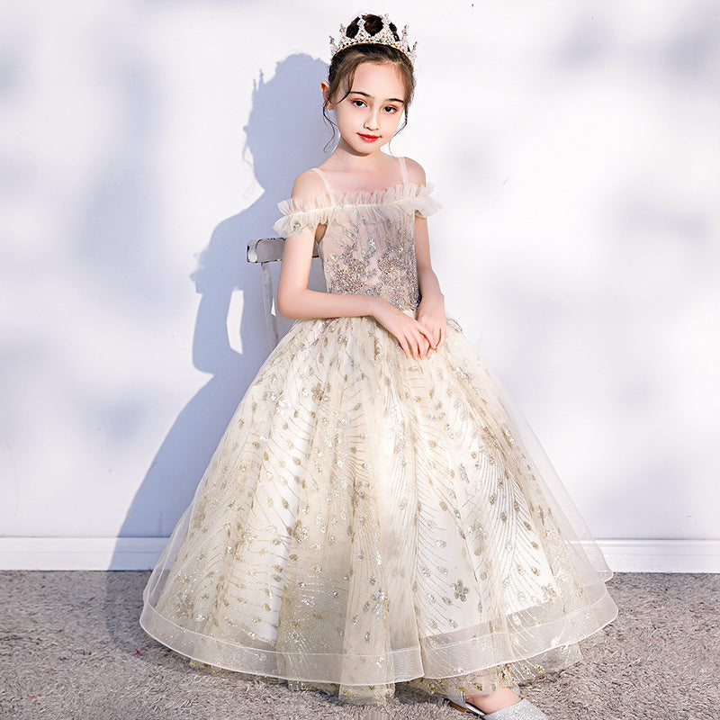 Princess Charlotte Flower Girl Dress Children Host Model Catwalk Performance Costumes Champagne Princess Dress