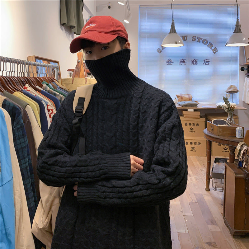 Men Turtleneck Sweater Men's Coffee Color Autumn and Winter Loose Sweater Coat