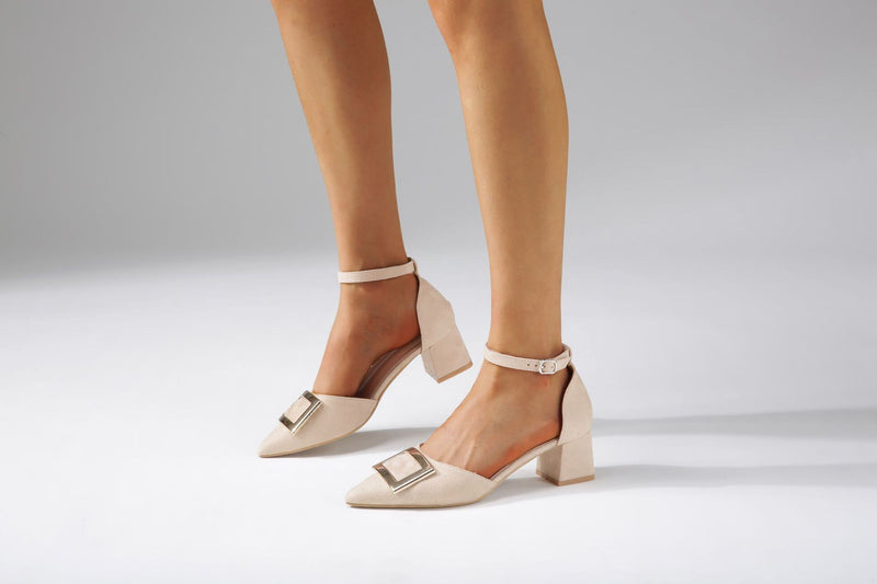 Nude Strappy Block Heels Autumn Square Buckle Thick Mid Heel Pointed Toe Large Size Shoes