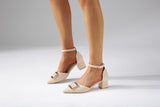 Nude Strappy Block Heels Autumn Square Buckle Thick Mid Heel Pointed Toe Large Size Shoes