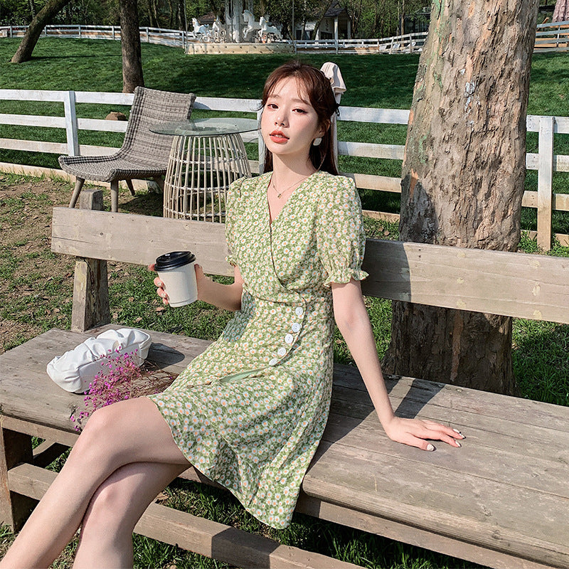 Aesthetic Dress Summer Puff Sleeve Retro Green Short Skirt for Women