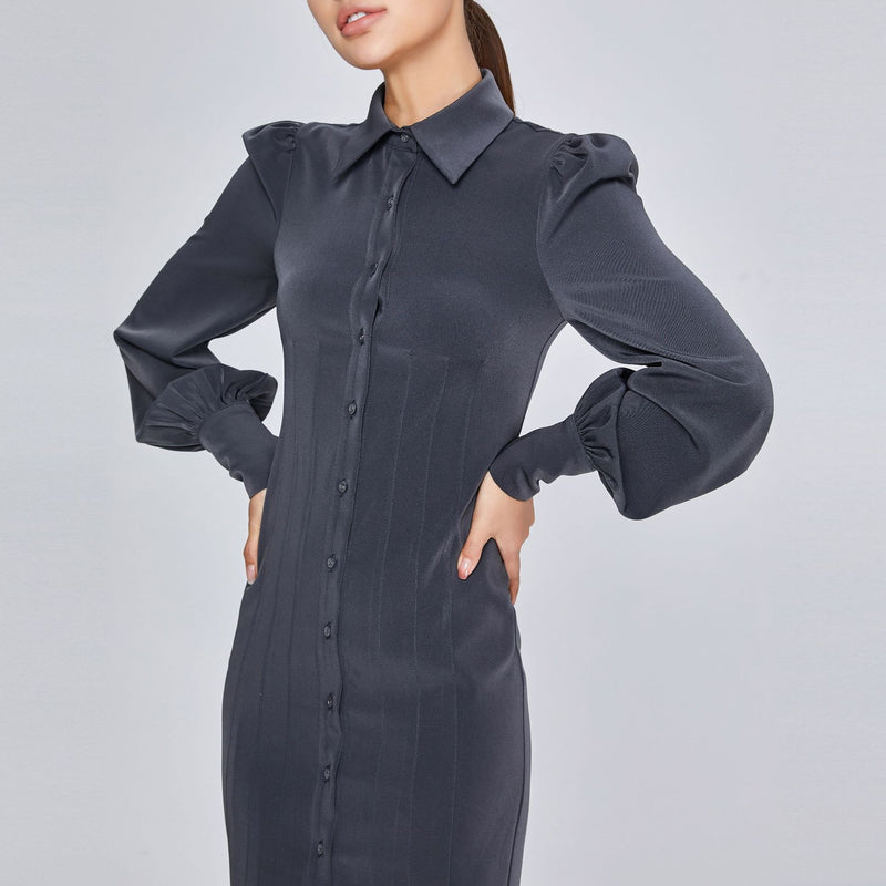 Women Spring Dress Lantern Sleeve Waist Trimming Shirt Dress