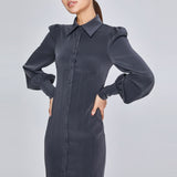 Women Spring Dress Lantern Sleeve Waist Trimming Shirt Dress