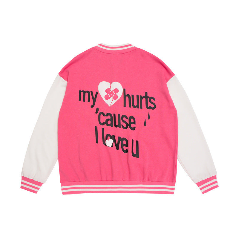 Mens Fall Outfits Cartoon Foam Printed Color Matching Sleeve Couple Baseball Uniform Coat Sports Jacket