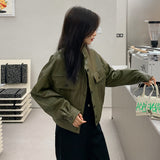 Cute Leather Jacket Green Stand Collar Retro PU Leather Coat Women's Spring and Autumn