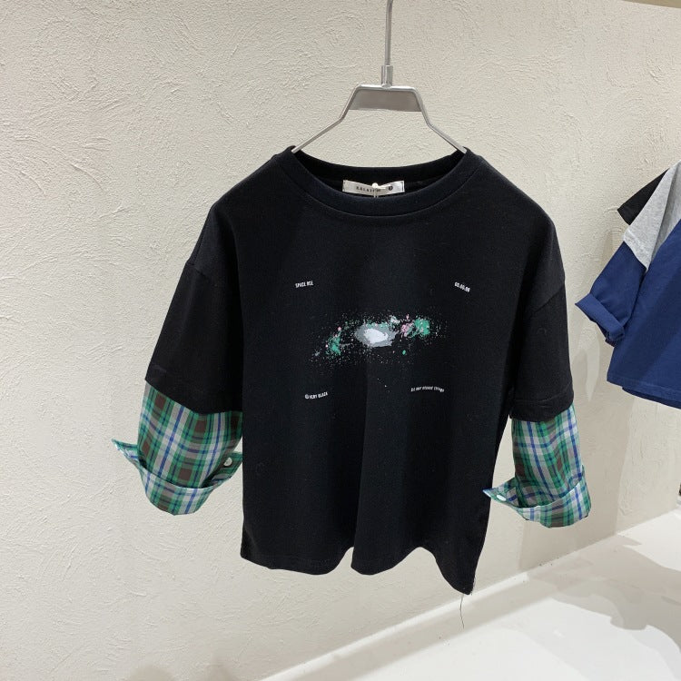 Spring Tops Color Contrast Long Sleeve T-shirt Plaid Casual Top Fashion