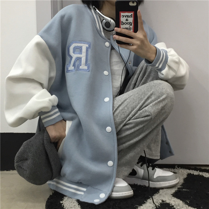 Baby Blue Varsity Jacket Winter Loose Jacket Casual Jacket for Male and Female Students