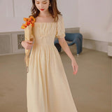 Women Cottagecore Dress Platycodon Grandiflorum Light Yellow Elegant Dress Summer