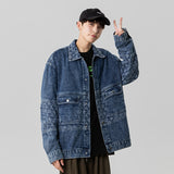 Denim Varsity Jacket Autumn and Winter Design Loose Stitching Turn-down Collar Coat Men's Long-Sleeved Denim Jacket