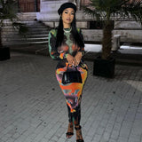 Nina Parker Graffiti Dress Slim-Fit Long Sleeve Temperament Long Dress