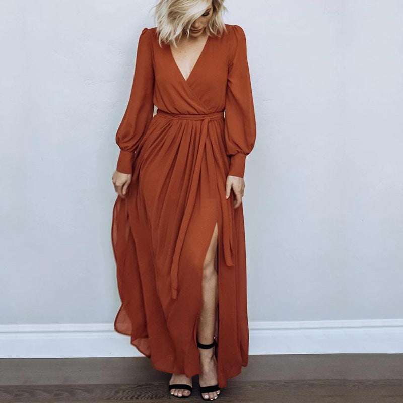 Burnt Orange Dress Sexy V-Neck Slit Dress Elegant Slim Fit Drawstring Slim-Fit Formal Dress