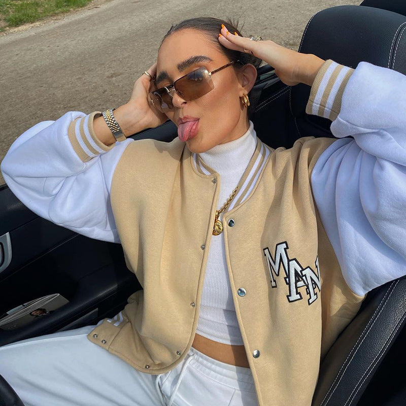 Khaki Cropped Varsity Jacket Autumn Single Breasted Stand Collar Embroidery Loose Casual Baseball Uniform