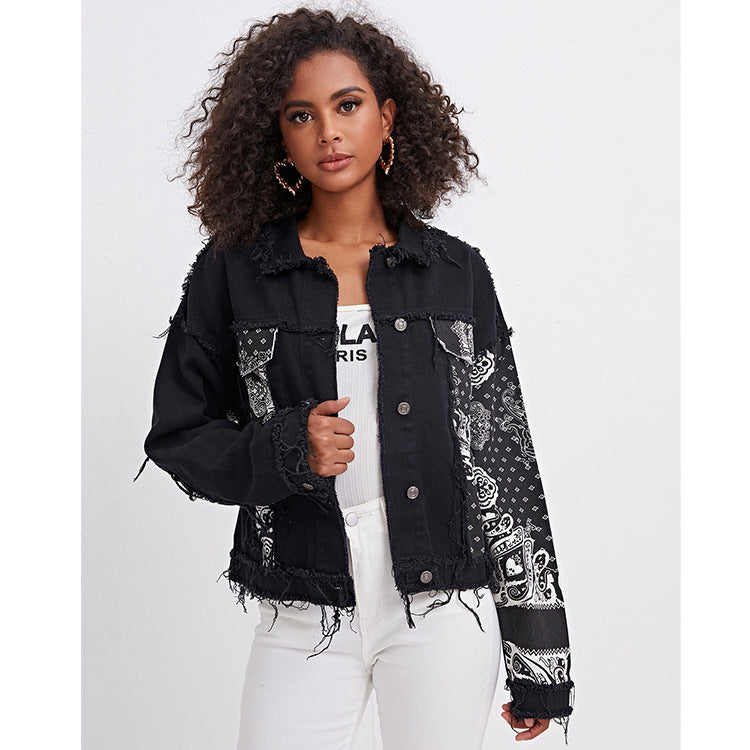 Women Denim Jacket Fashion Black Denim Jacket Spring and Autumn Print Turn-down Collar Coat
