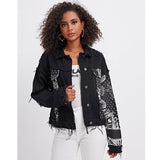 Women Denim Jacket Fashion Black Denim Jacket Spring and Autumn Print Turn-down Collar Coat