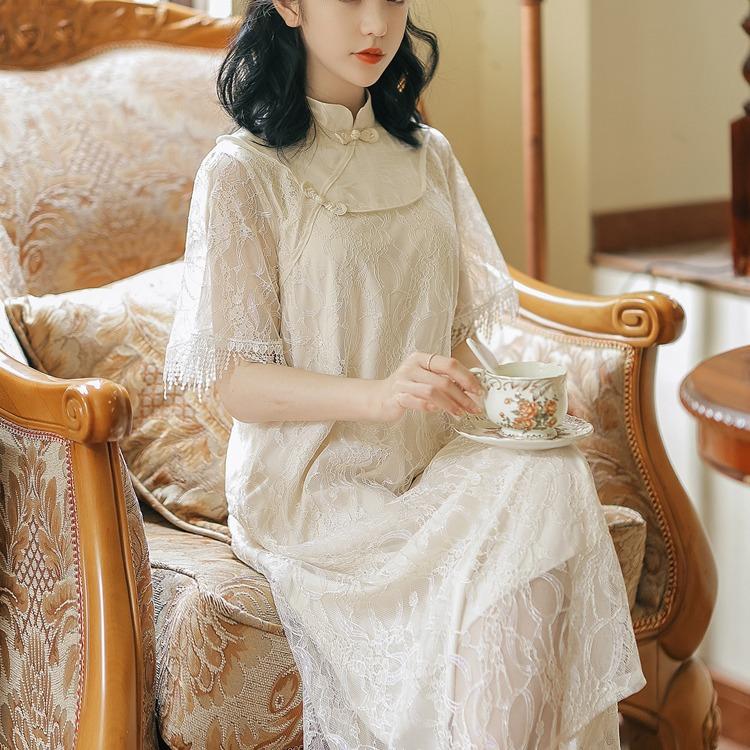 Women Cottagecore Dress Republic of China Style Vintage Women's Clothing Small Dress Summer Girl Lace Cheongsam Dress