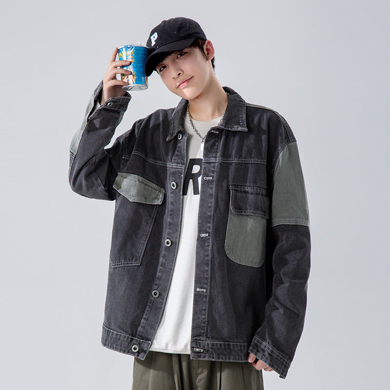 Denim Varsity Jacket Men's Denim Jacket Loose Color Matching Overalls Top