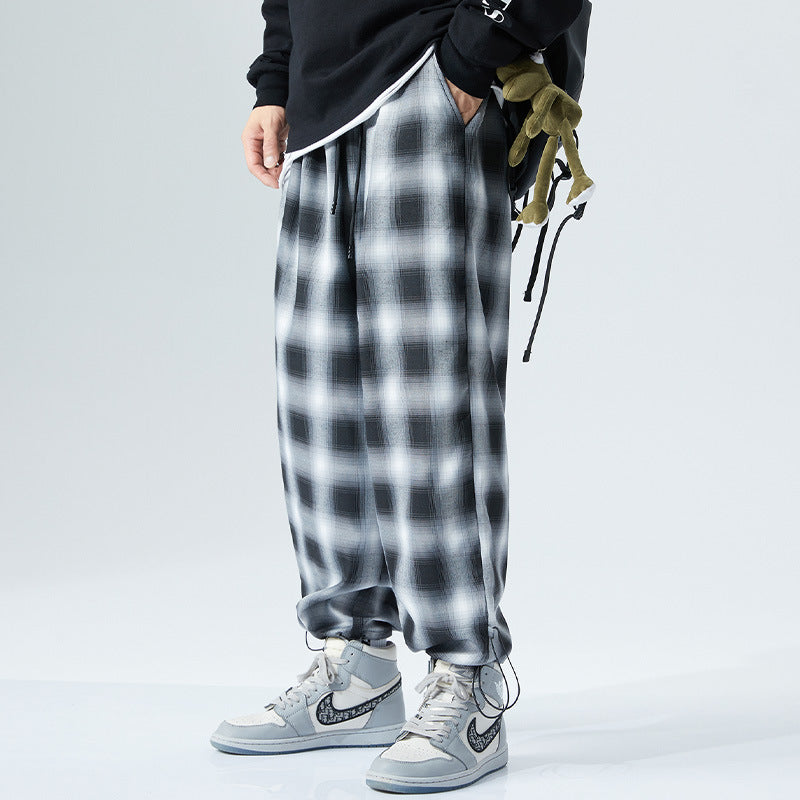 Men Pants plus Size Black Gray Plaid Sports Casual Straight Trousers